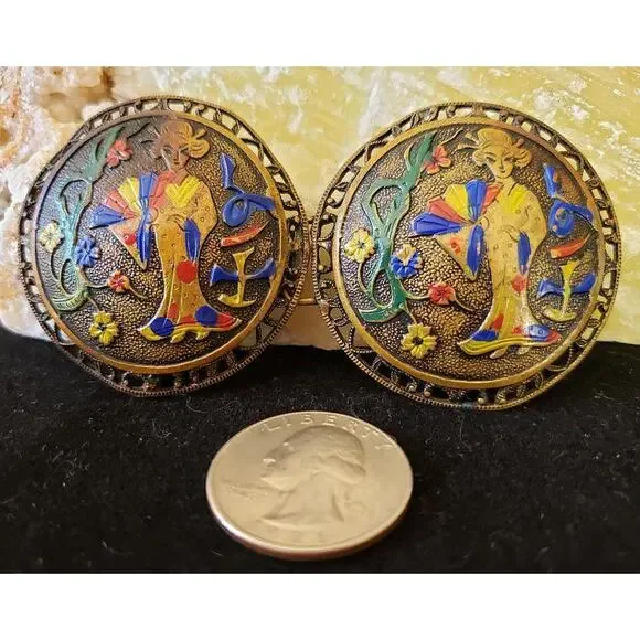 Vintage 1920s Enamel Asian Chinoiserie Belt Buckle or Clasp 